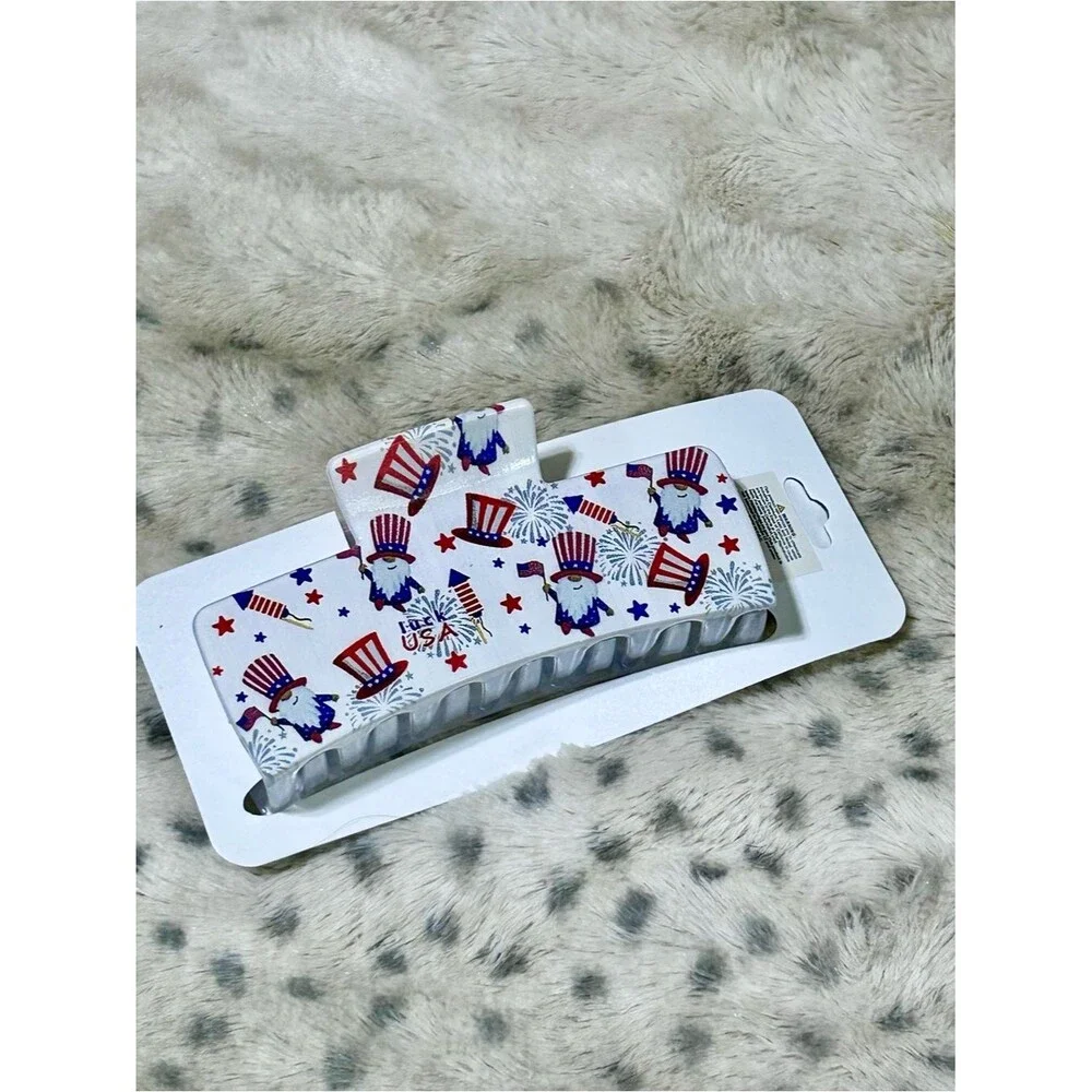 Hair Accessories Patriotic Red White & Blue Gnome Print Hair Claw